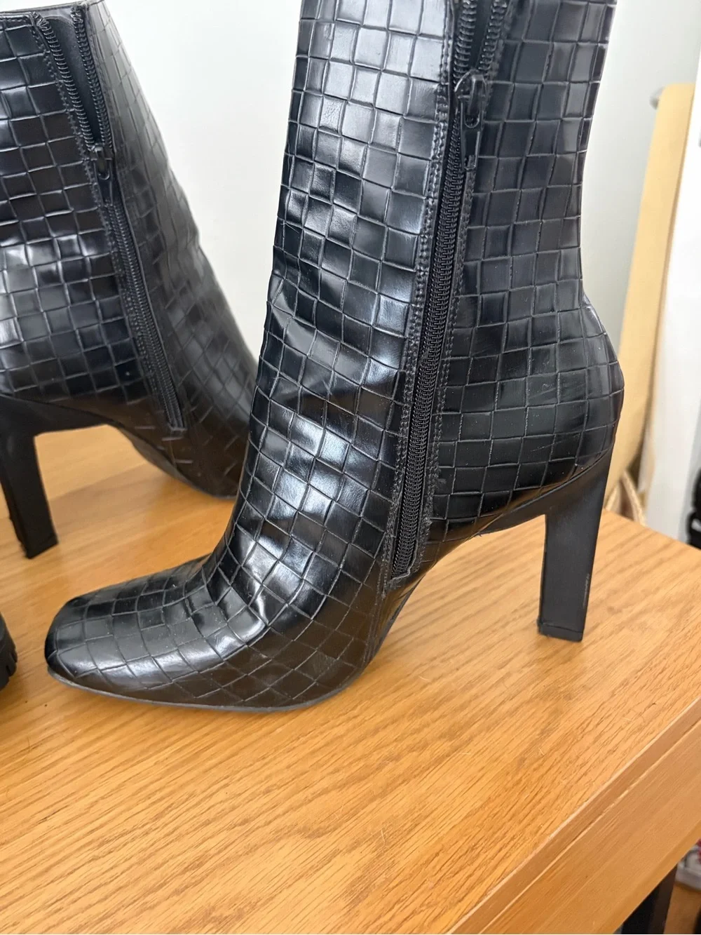 Black Croc-Textured Mid-Calf Boots